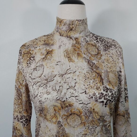 St John Collection Mock Neck Shirt Top Size 8 Long Sleeve Back Zip Mixed Print - Picture 3 of 13